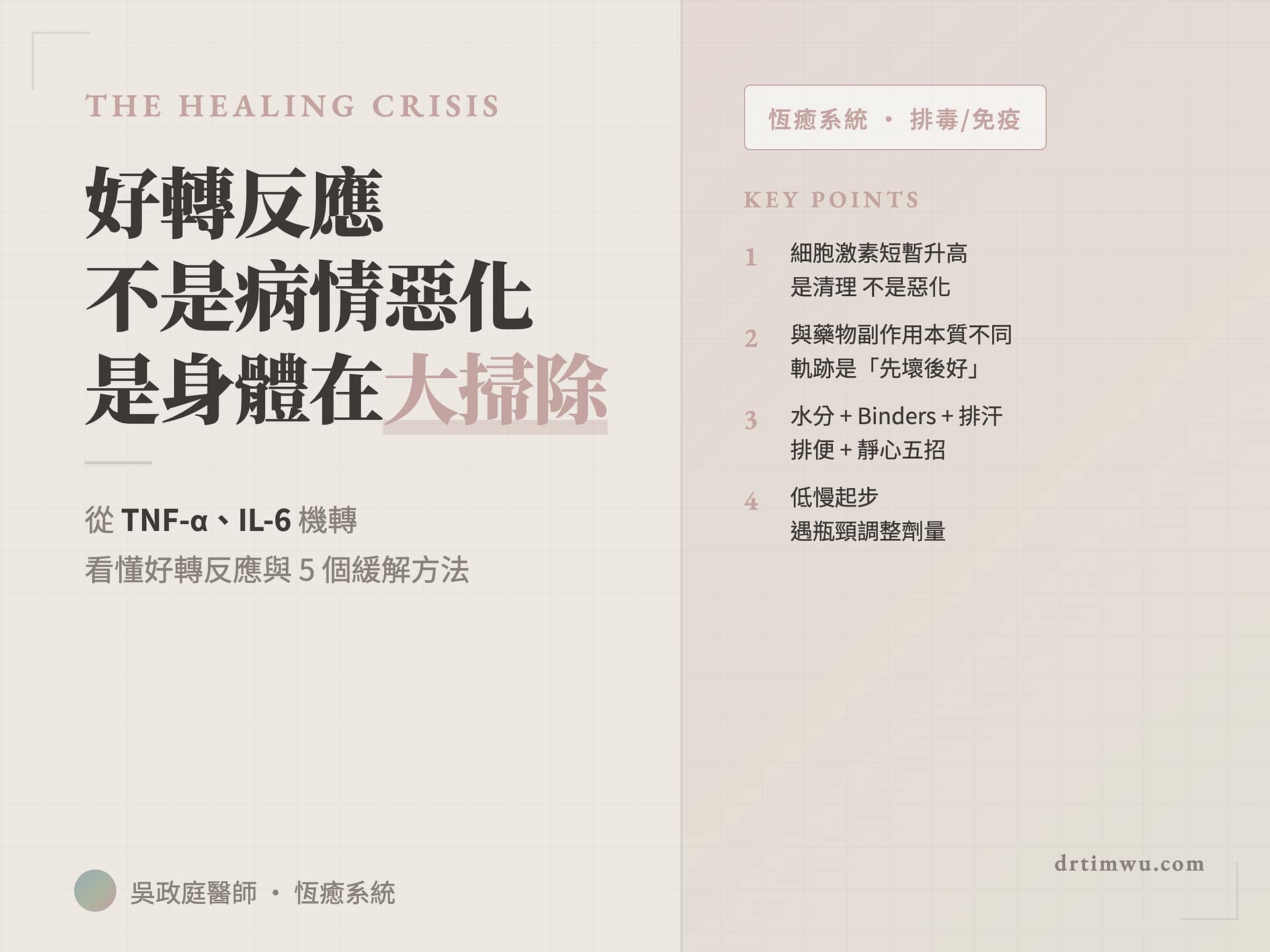 好轉反應（healing crisis / Herxheimer reaction）示意圖，說明功能醫學與輔助整合治療初期排毒過程中可能出現的暫時性不適症狀及5種緩解策略，吳政庭醫師恆癒系統衛教